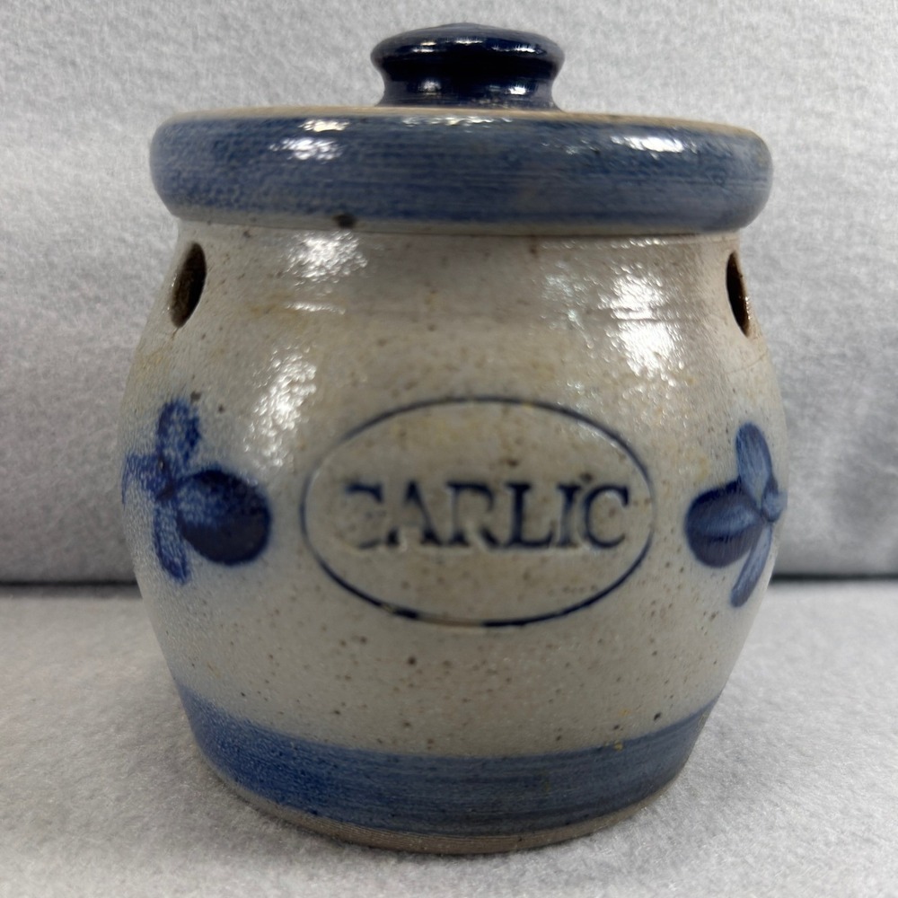 Vintage Rowe Pottery Works Garlic Keeper 1991 Grey Blue Salt Glaze Stoneware